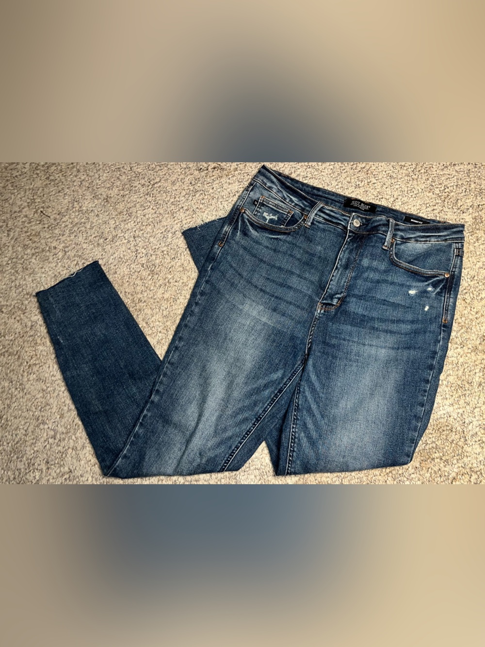 Dark Wash Straight Leg Jeans - Distressed Detail